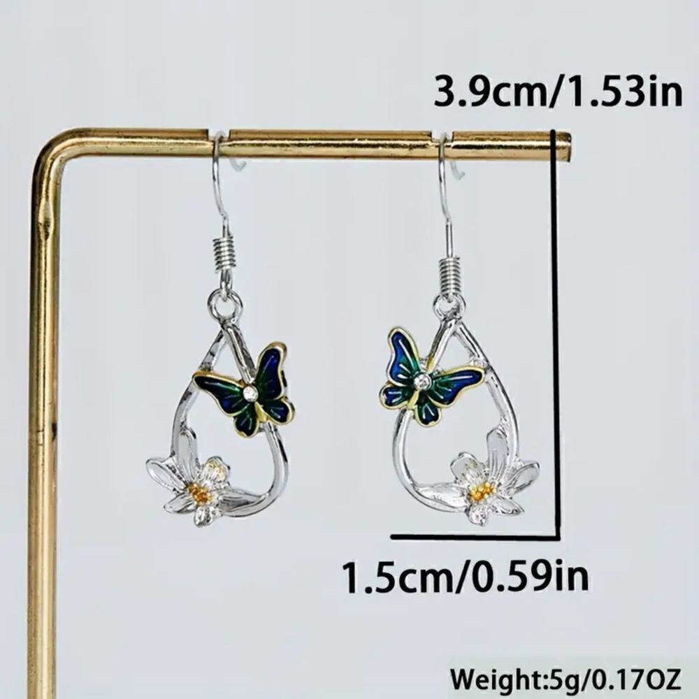 New - Teardrop Shape Butterfly and Flower Hook Dangle Earrings - Picture 7 of 8